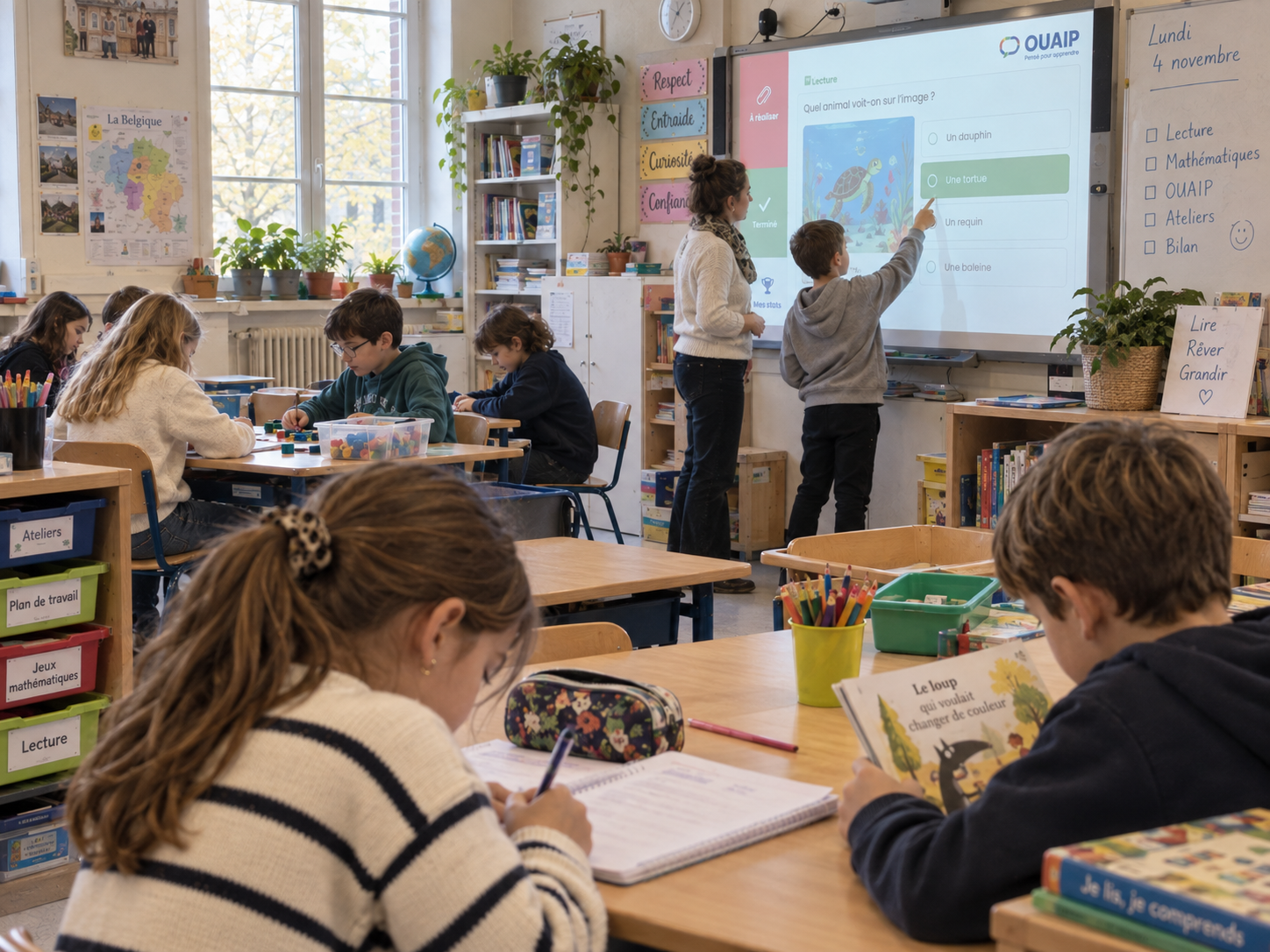 Un &eacute;l&egrave;ve r&eacute;pond au tableau interactif avec son enseignante, pendant que ses camarades lisent, &eacute;crivent ou manipulent du mat&eacute;riel.