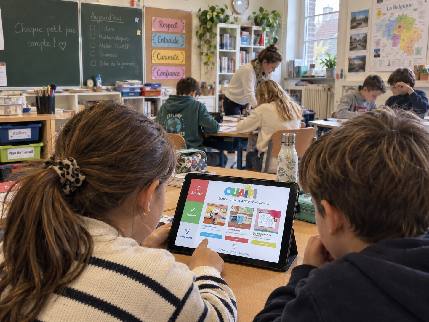 Deux &eacute;l&egrave;ves d&eacute;couvrent les activit&eacute;s Ouaip sur une tablette pendant que leurs camarades travaillent en classe.